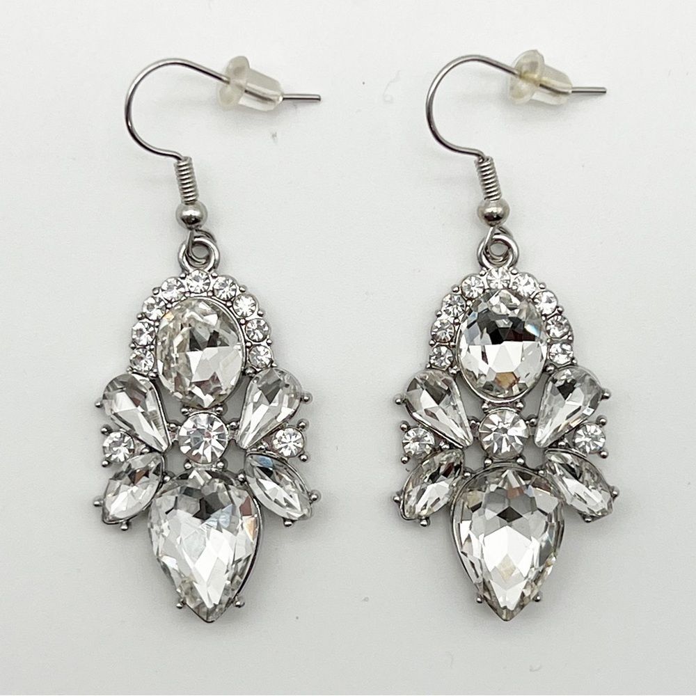 Sparkle Clear Rhinestone Silver Tone Dangle Statement Hook Fashion Earrings 1.5”